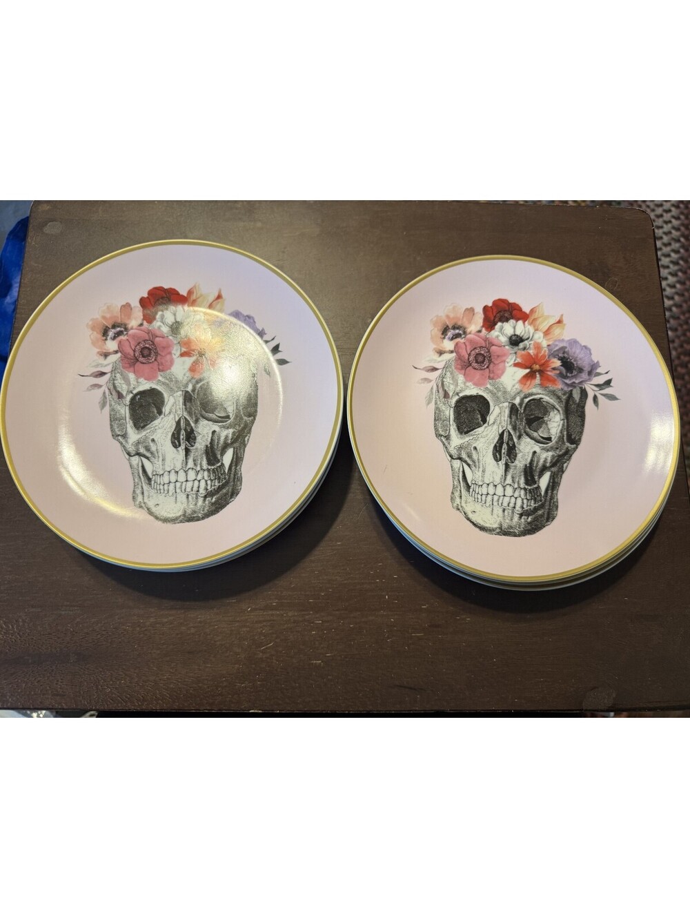 Pink Rose Skull Plates Porcelain Harvest Green Studio 8 Inch Set Of 8 Halloween